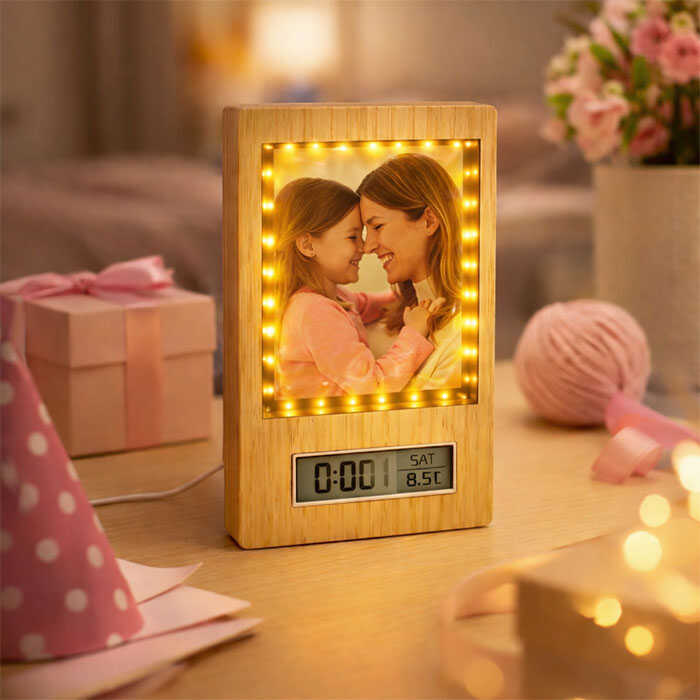 Ahşap Dijital Saat Sihirli Ayna Fotoğraf Çerçevesi