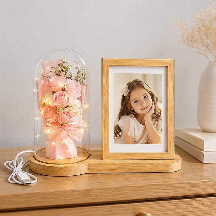 Ahşap Gül Buketi Ledli Fotoğraf Çerçevesi 13x18